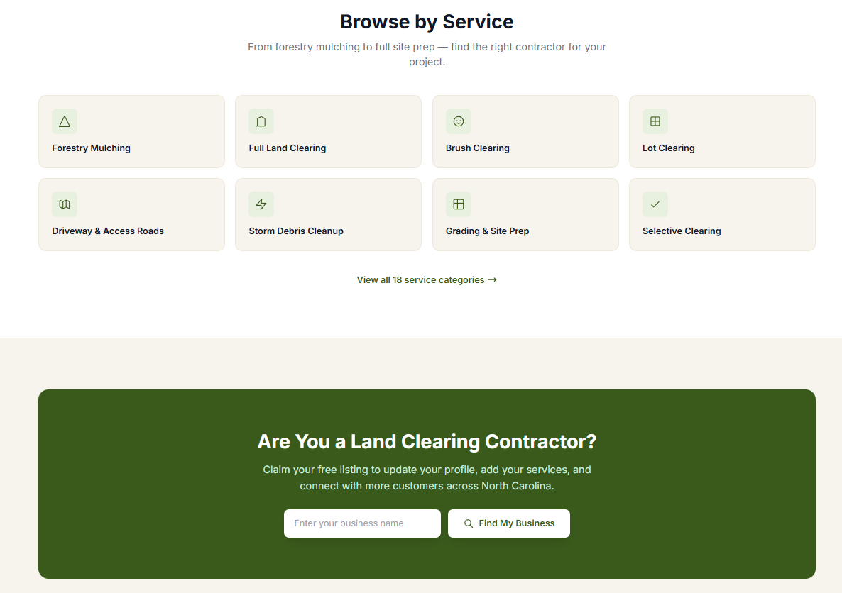 Browse contractors by service type including forestry mulching and brush clearing