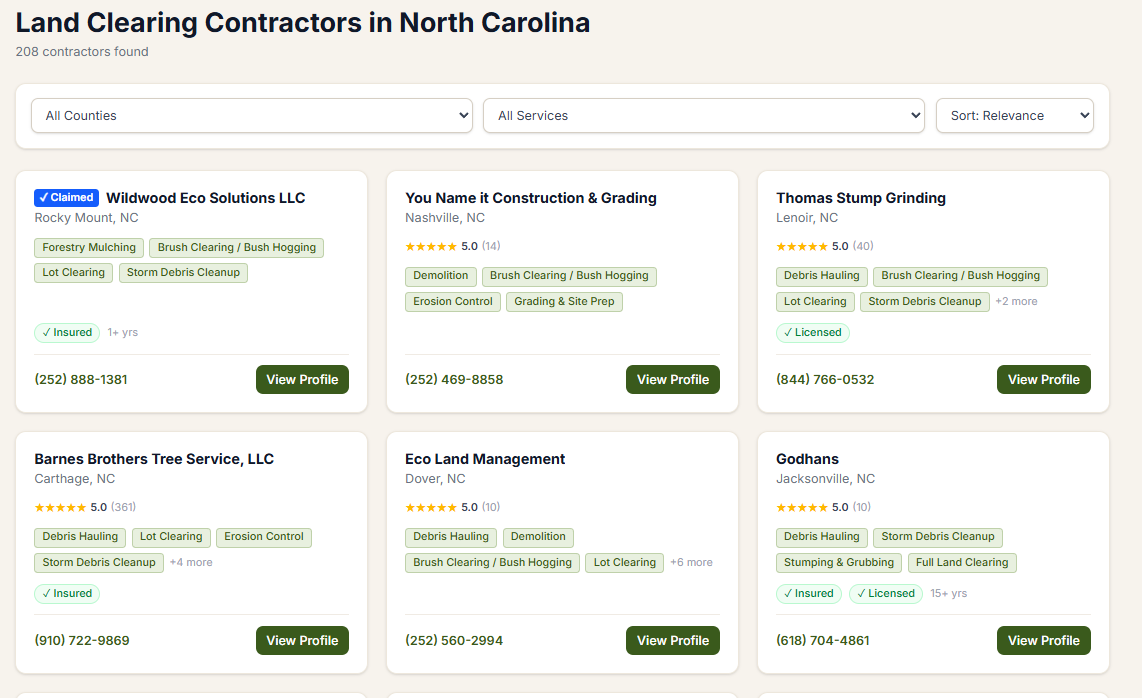 Contractor search results with profiles, reviews, and contact details