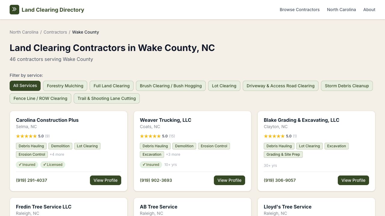 Wake County contractor listings with service filter chips, ratings, and contact details