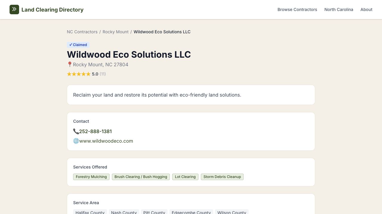 Contractor profile showing rating, contact info, services offered, and service area