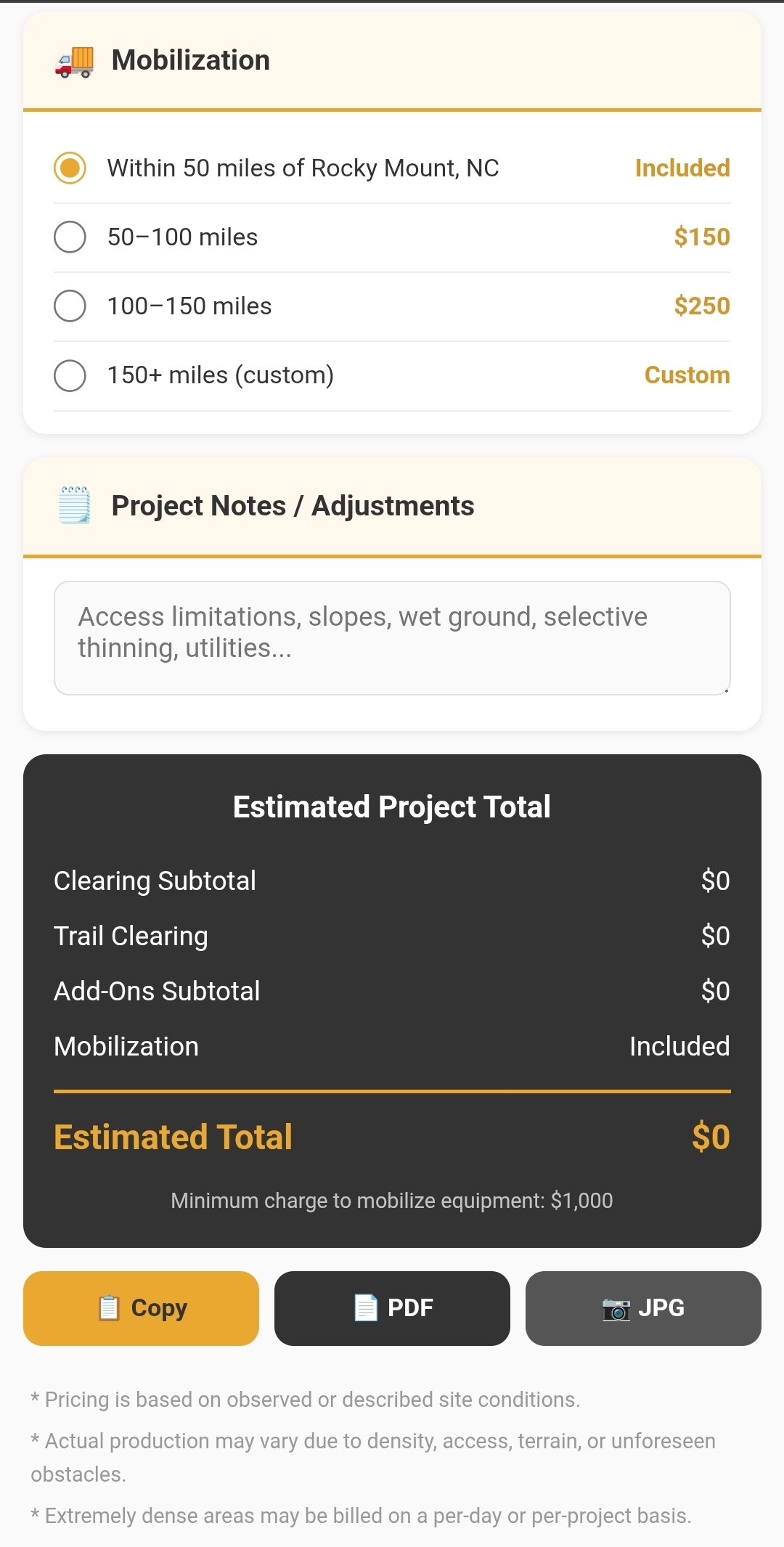 Project estimate summary with mobilization, notes, and total with PDF and image export