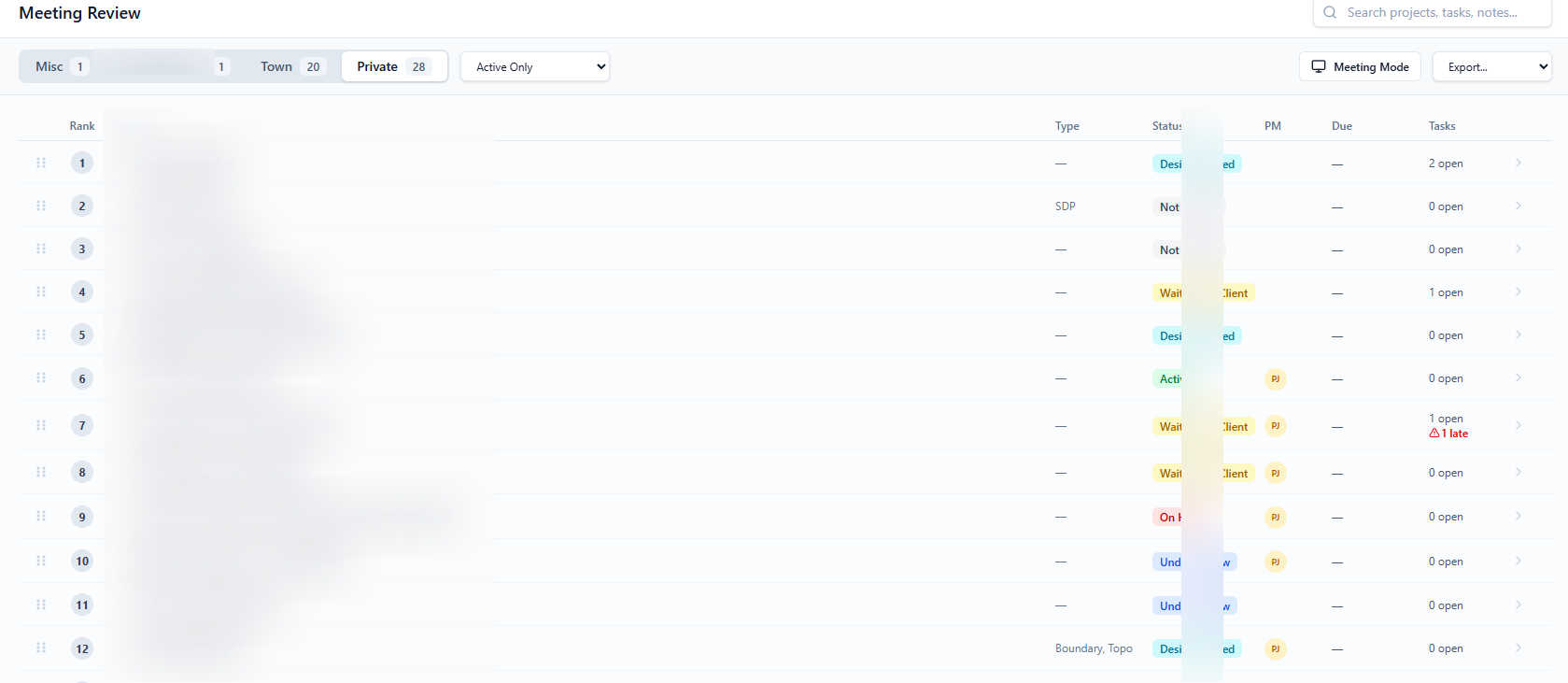 Meeting review mode for structured project walkthroughs with status tracking