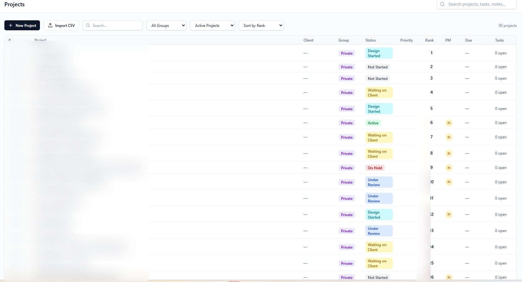Project list with status, priority, ranking, and group filtering