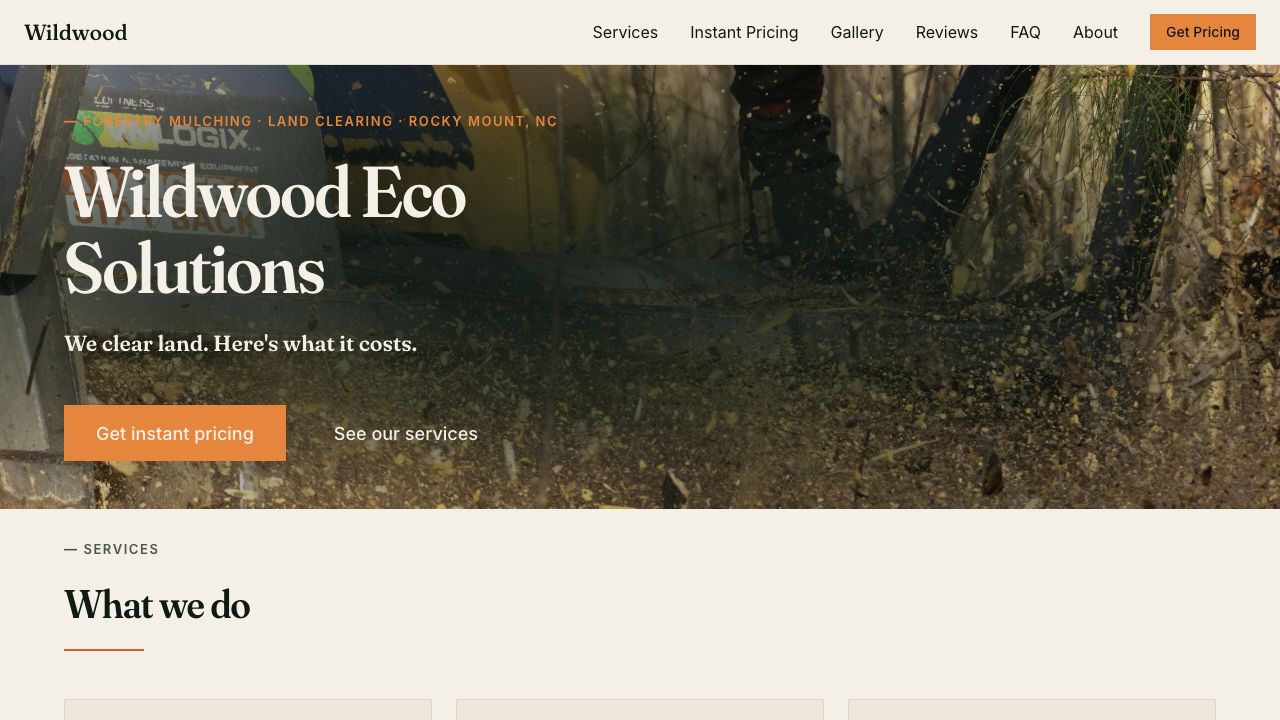 Wildwood Eco Solutions homepage with instant pricing call to action